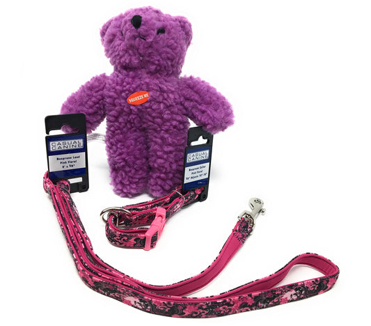 Casual Canine Pink Floral Dog Collar & Leash Set, w/Free Zanies Teddy Bear Toy