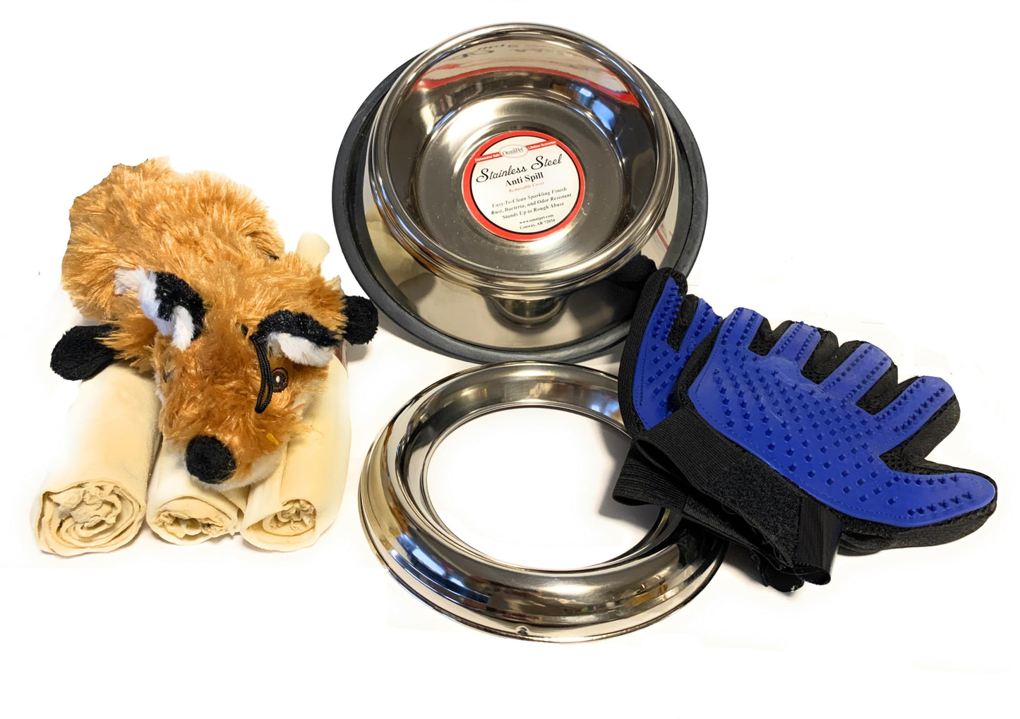 Foxy Pet Co Christmas Large Dog Gift Set, 5 Pieces: Toy, Bowl, Grooming Gloves, 12" Rawhide Retreiver Dog Chew Bones
