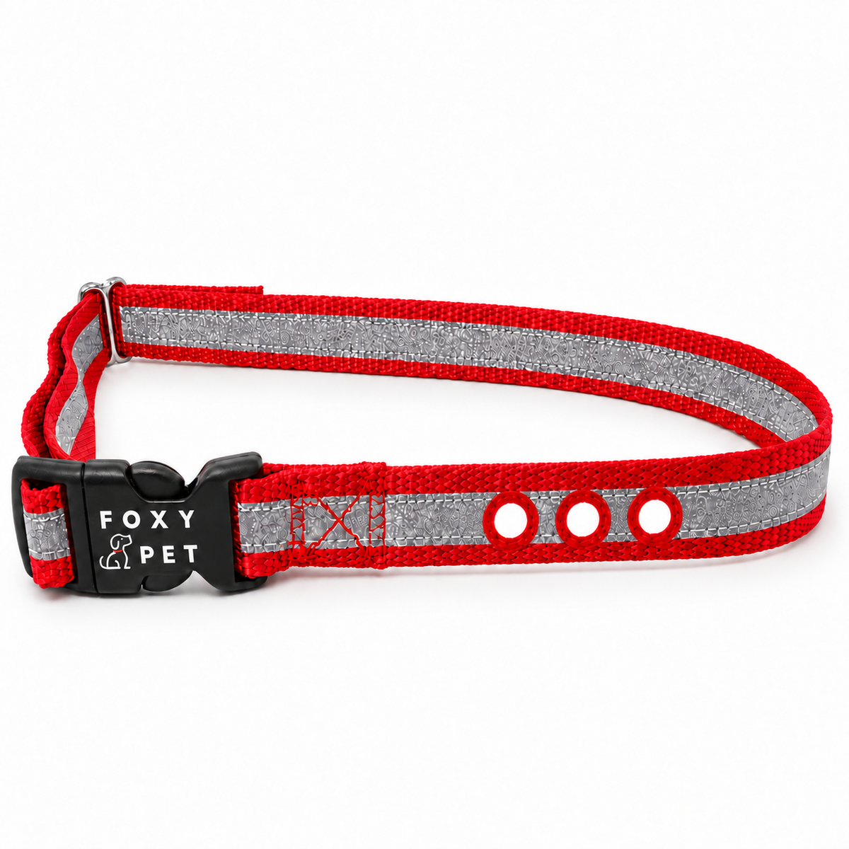 Foxy Pet Co’s Durable nylon replacement strap. The silver reflective strip adds visibility when illuminated in low light.