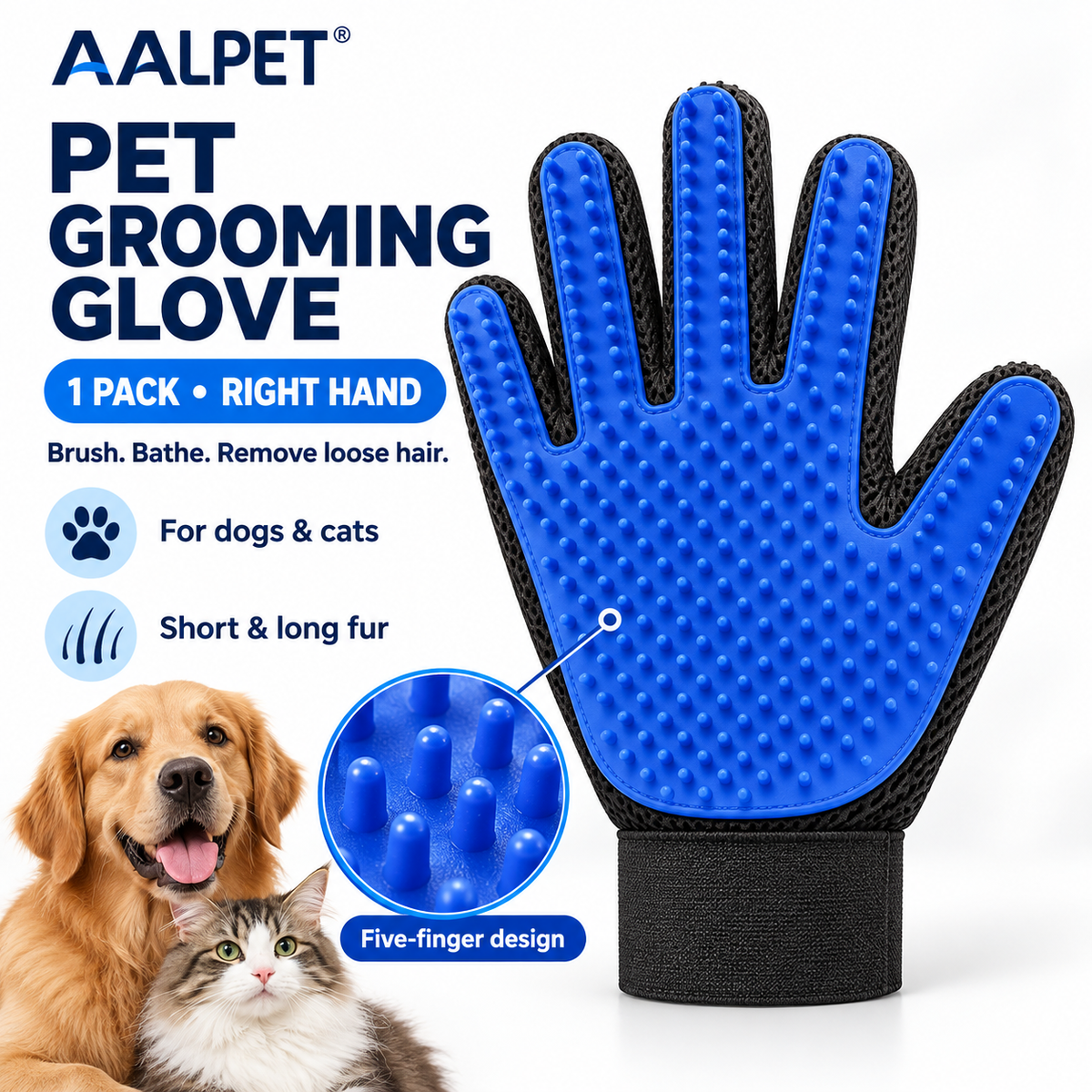 AALPET Pet Grooming Glove-Pet Hair Remover Glove- Perfect pet Cleaning Brush Glove- Perfect Washing Glove Brush of The Dog & pet for Short and Long Fur - 1 Pack (Right-Hand), Blue