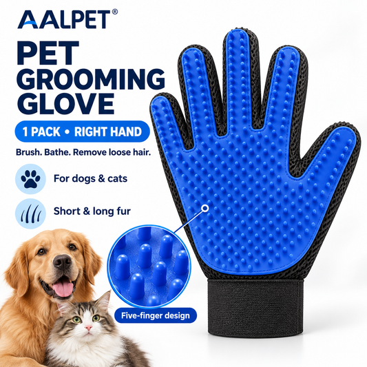AALPET Pet Grooming Glove-Pet Hair Remover Glove- Perfect pet Cleaning Brush Glove- Perfect Washing Glove Brush of The Dog & pet for Short and Long Fur - 1 Pack (Right-Hand), Blue