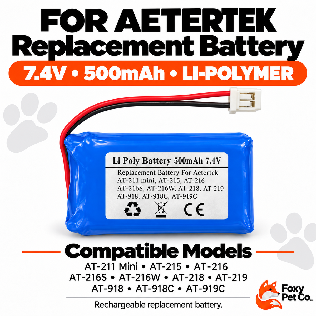 Aetertek Replacement Battery 7.4V 500mAh Li-Polymer for AT-211 Mini, AT-215, AT-216