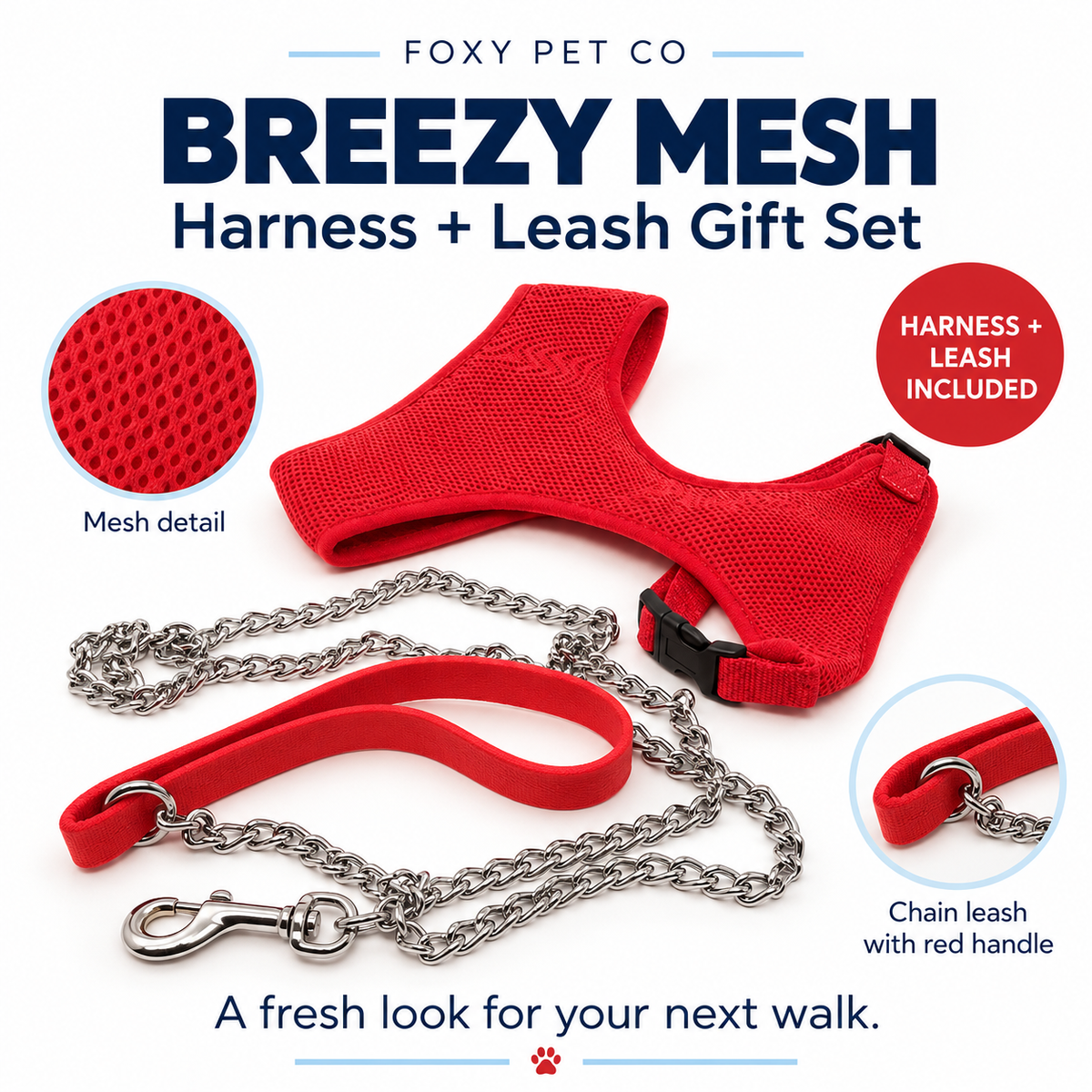 Foxy Pet Co Breezy Mesh Harness Plus Leash Dog Gift Set- 5 Dog Sizes (Extra- Large, Red)