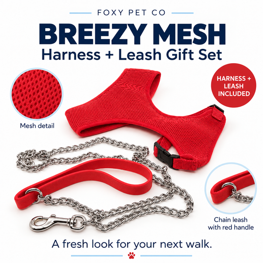 Foxy Pet Co Breezy Mesh Harness Plus Leash Dog Gift Set- 5 Dog Sizes (Extra- Large, Red)