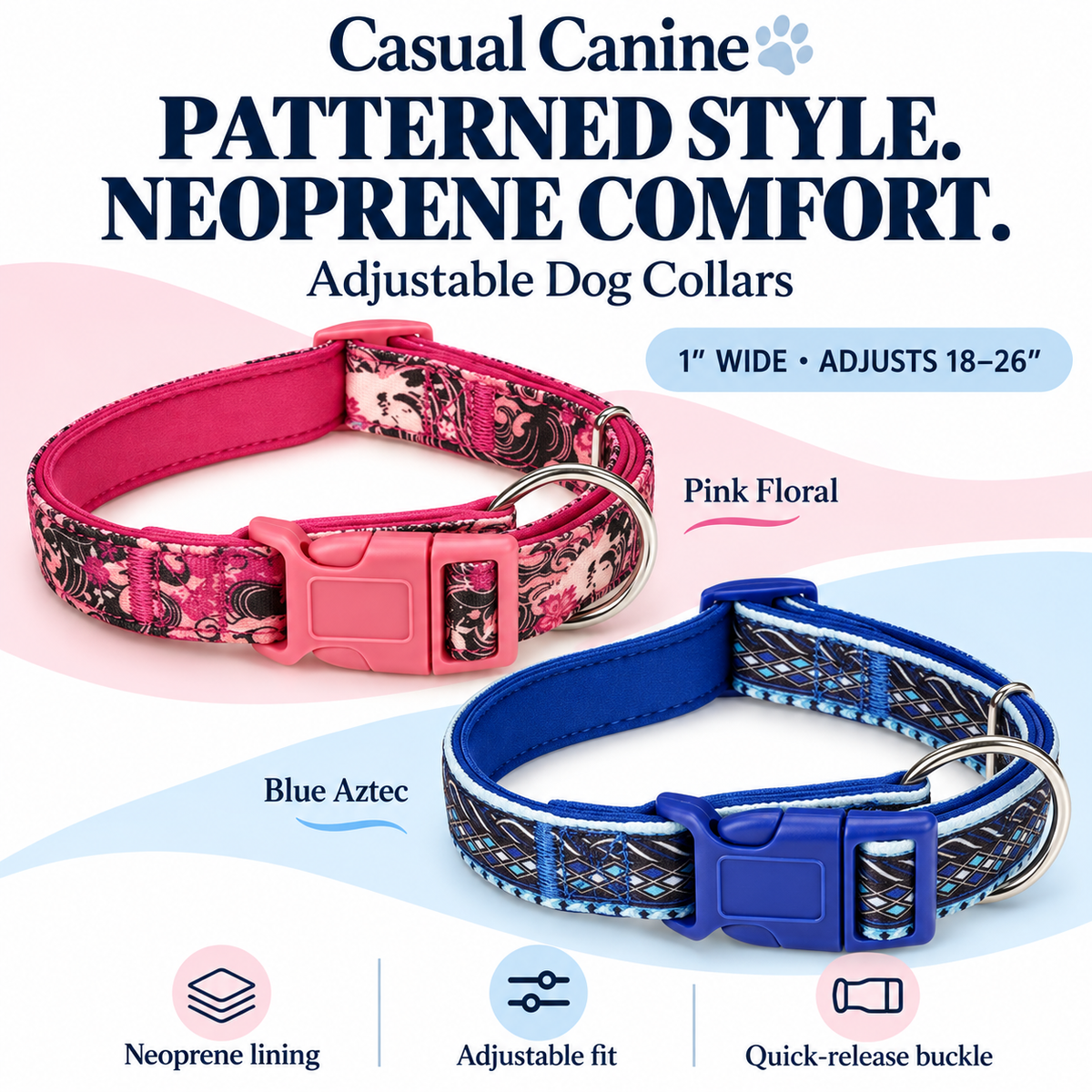 Casual Canine® Neoprene Dog Collar – 5/8" (Adjustable 14–20") - 2 Colors