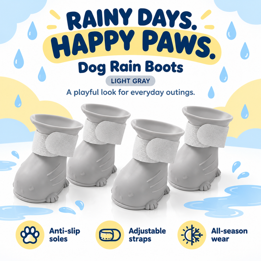Dog Rain Boots Grey – Cartoon Design, Anti-Slip, Adjustable Straps, All-Season