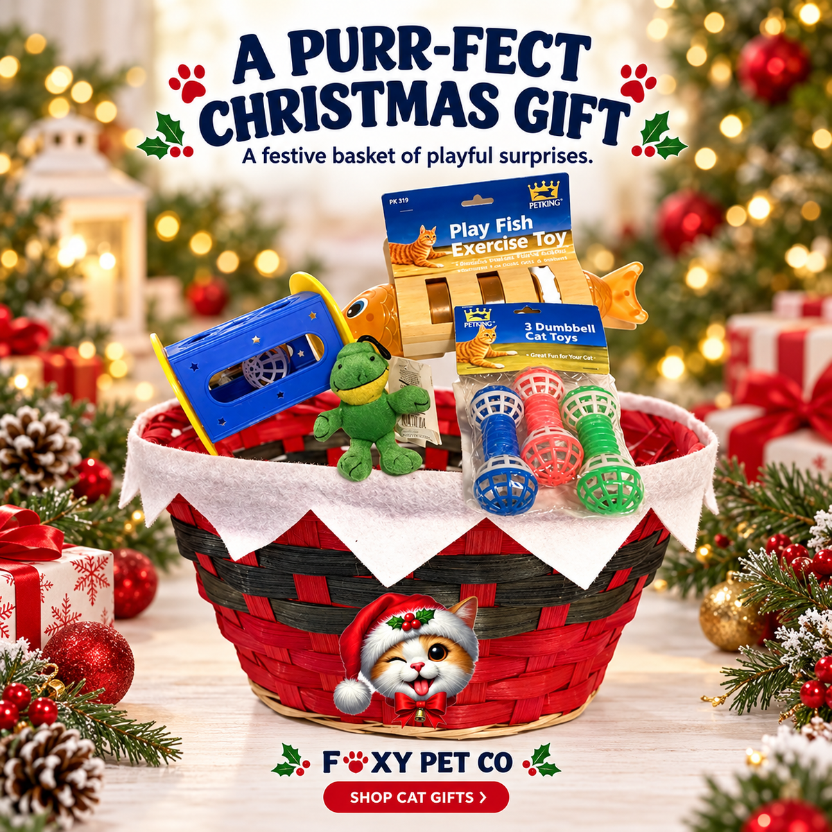 Foxy Pet Co Cat Play Toy Set, 3 Cat Dumbbells, Catnip Toy, Play Fish, Roll Around Toy