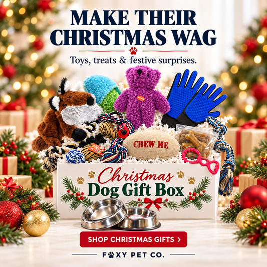 Foxy Pet Co Christmas Dog Gift Set, 15 Pieces: Toys, Bowl, Grooming Gloves, Treats