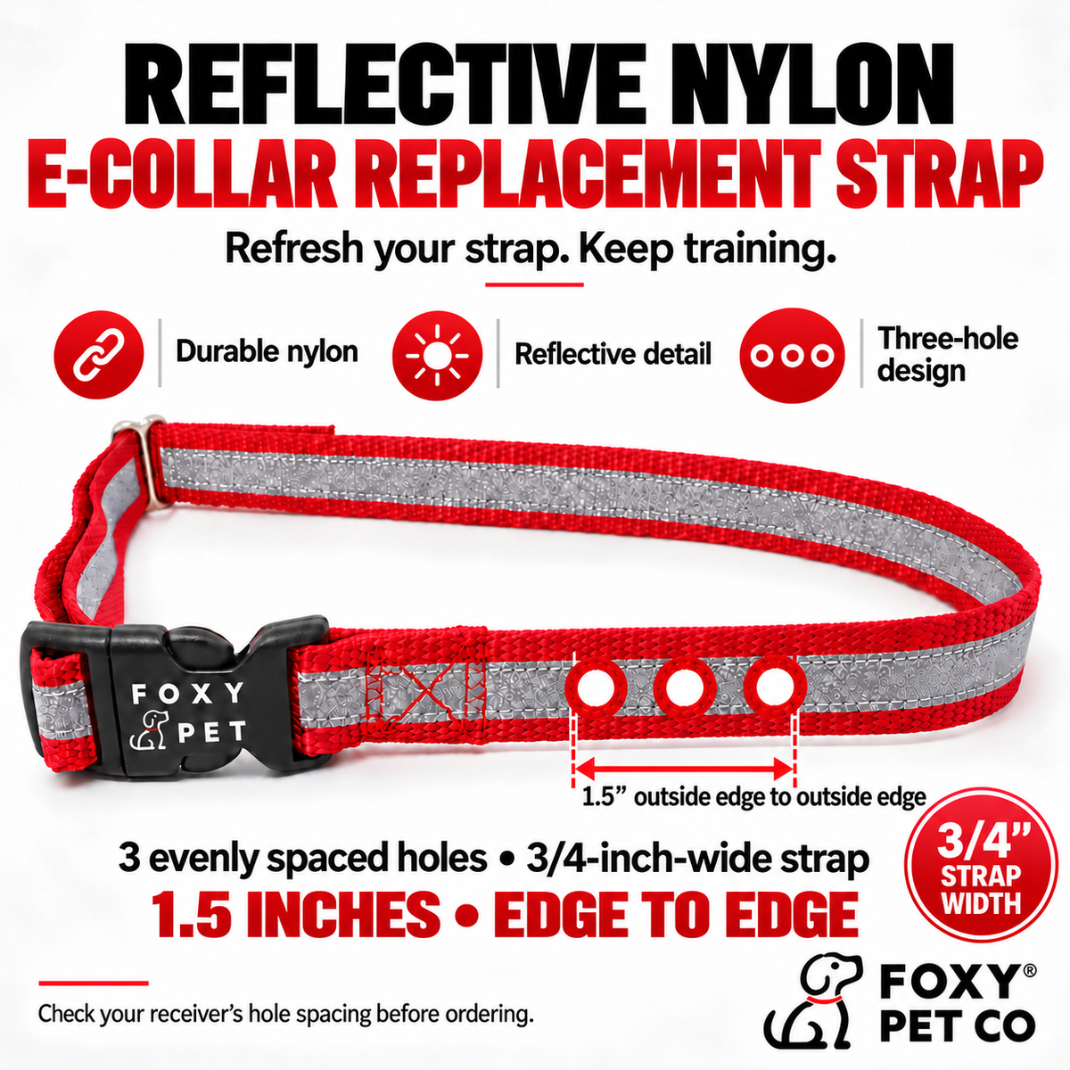 Foxy Pet Co’s Durable nylon replacement strap. The silver reflective strip adds visibility when illuminated in low light.