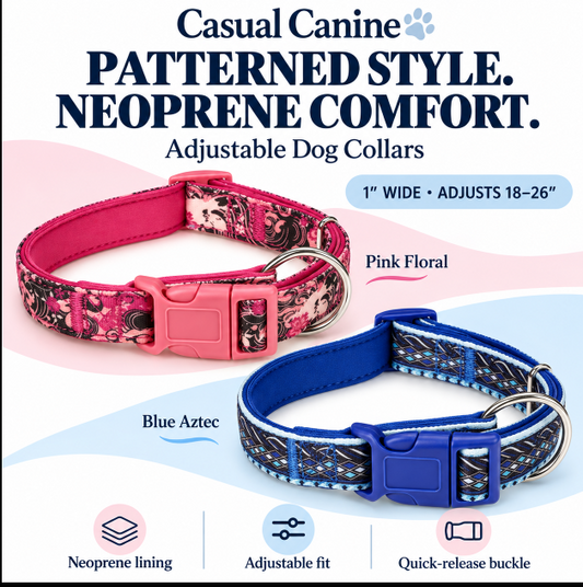 Casual Canine® Neoprene Dog Collar – 1" Pink Floral (Adjustable 18–26")