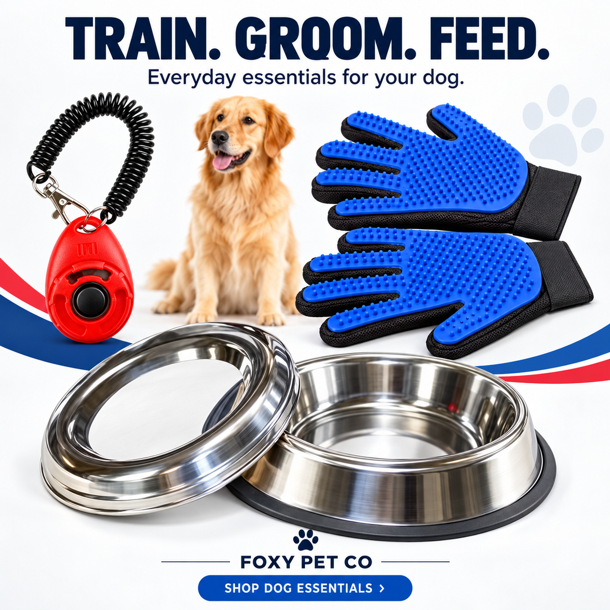 Foxy Pet Co Dog Water Bowl, Grooming Gloves and Clicker Gift Set, 32 oz, Large to XLarge