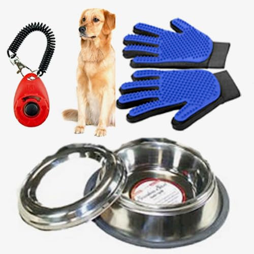 Foxy Pet Co Dog Water Bowl, Grooming Gloves and Clicker Gift Set, 32 oz, Large to XLarge