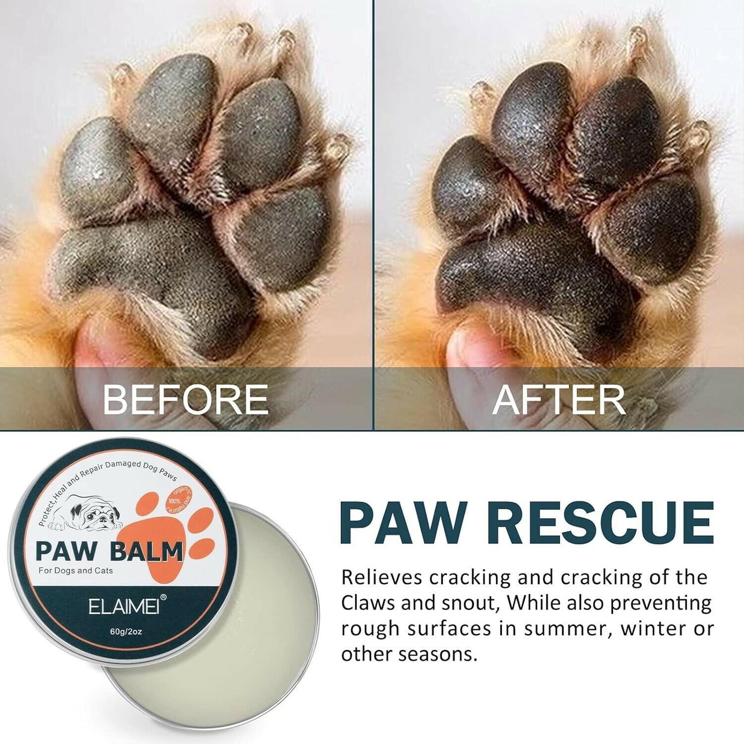 Natural Paw Balm - Paw Pad Protection, Repair for Dogs & Cats Vet Approved 2 oz