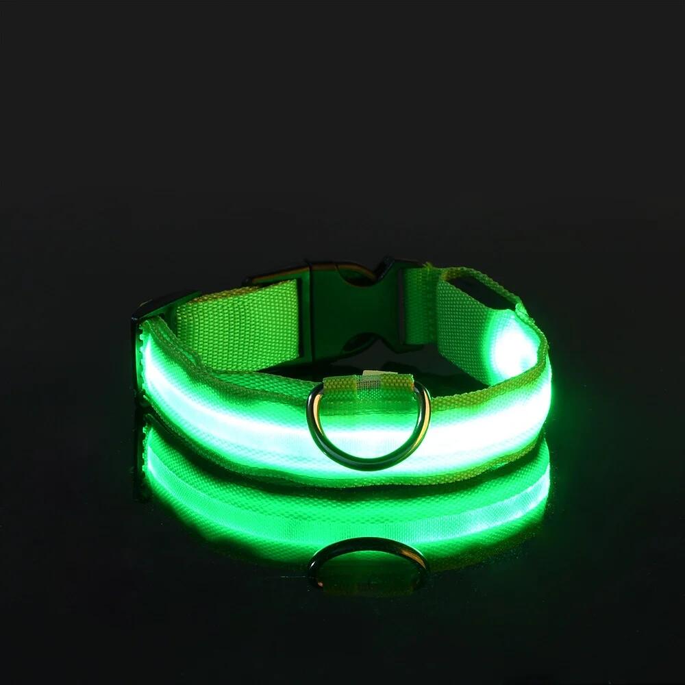 GREEN Pet Glow Adjustable Nylon LED – Battery Powered Safety Collar, MEDIUM